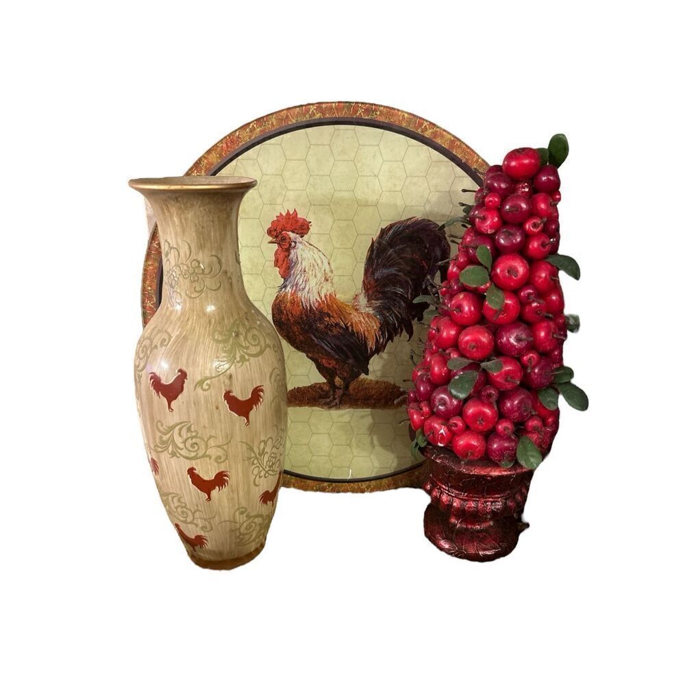 Rooster Decor lazy Susan vase and cherry tree